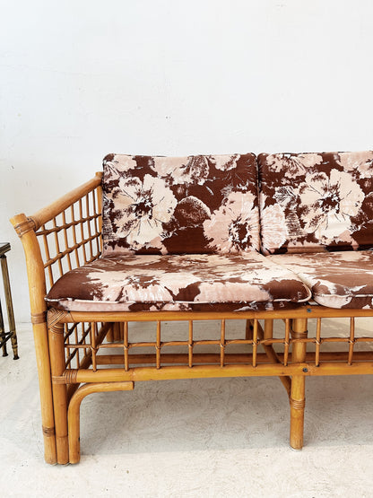 70s Vintage Floral Boxed Rattan Sofa & Armchair Set (1 x Two Seater + 1 x Armchair)