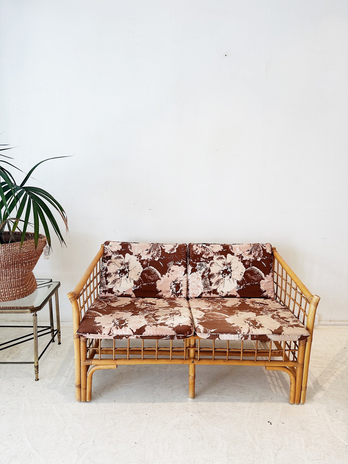 70s Vintage Floral Boxed Rattan Sofa & Armchair Set (1 x Two Seater + 1 x Armchair)