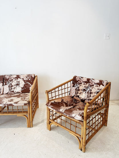 70s Vintage Floral Boxed Rattan Sofa & Armchair Set (1 x Two Seater + 1 x Armchair)