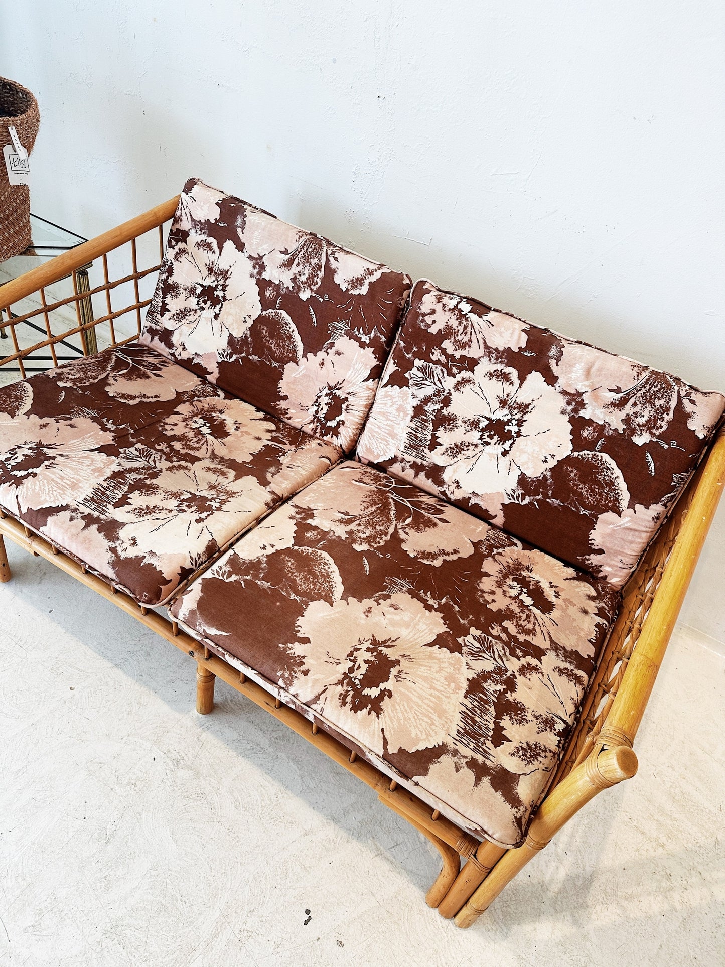 70s Vintage Floral Boxed Rattan Sofa & Armchair Set (1 x Two Seater + 1 x Armchair)