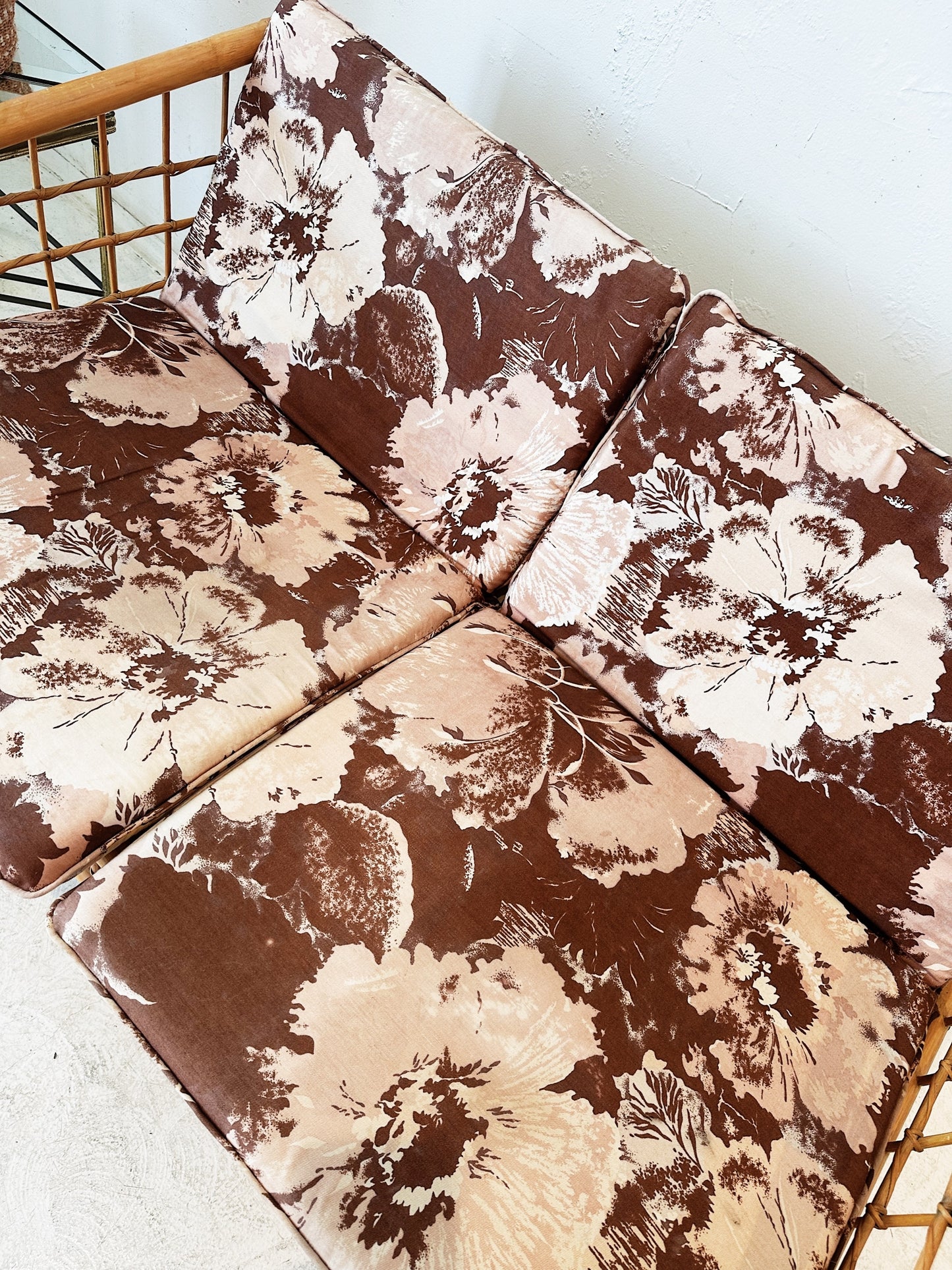 70s Vintage Floral Boxed Rattan Sofa & Armchair Set (1 x Two Seater + 1 x Armchair)