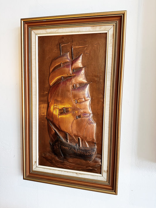 70s Vintage Handmade Ship Copper Art