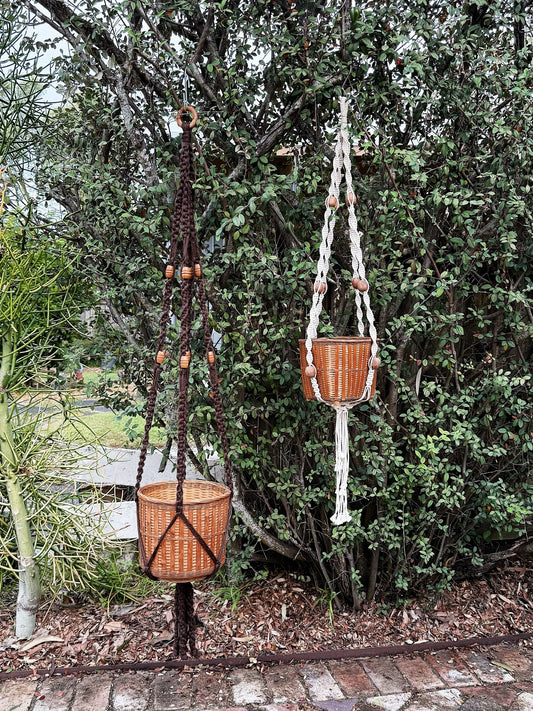 70s Vintage Macrame Plant Hanger & Vintage Basket / Choc & Cream Available