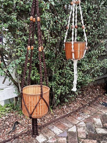 70s Vintage Macrame Plant Hanger & Vintage Basket / Choc & Cream Available