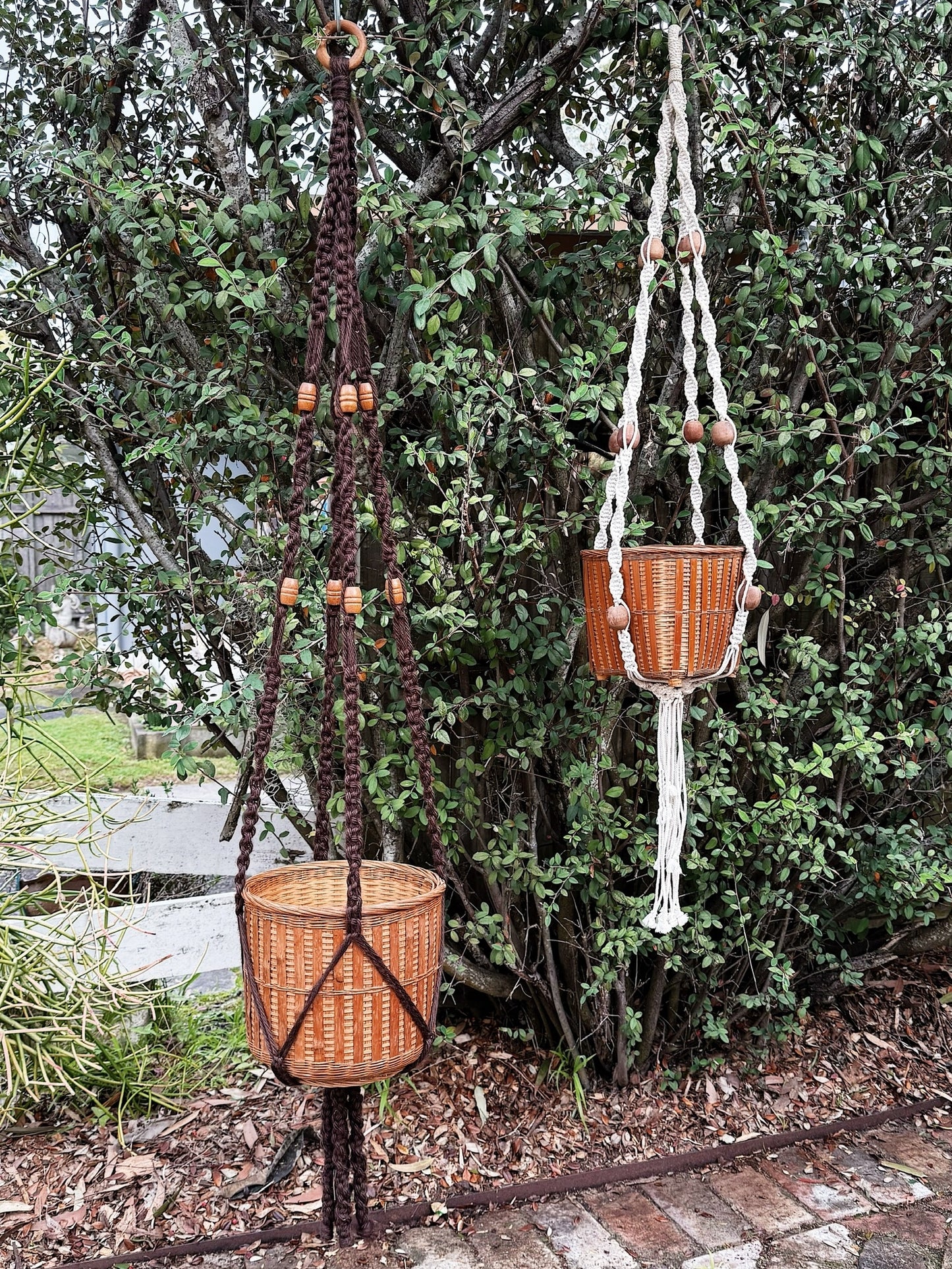 70s Vintage Macrame Plant Hanger & Vintage Basket / Choc & Cream Available