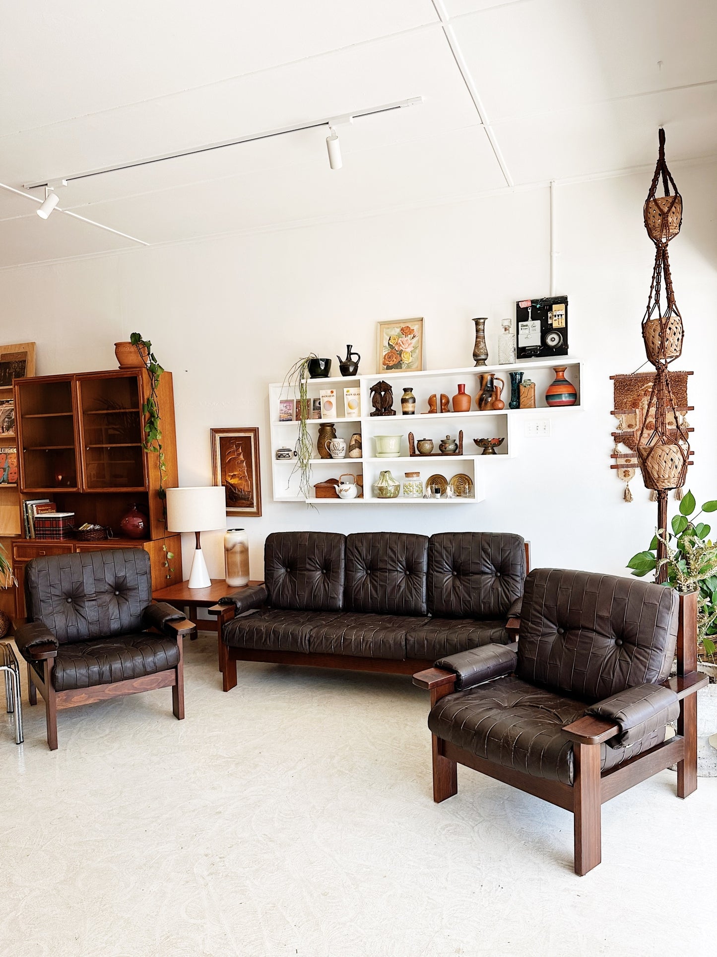 70s Vintage Leather Patchwork Sofa Set / includes 3 Seater Sofa and 2 x Armchairs
