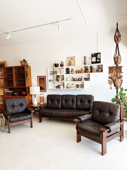 70s Vintage Leather Patchwork Sofa Set / includes 3 Seater Sofa and 2 x Armchairs