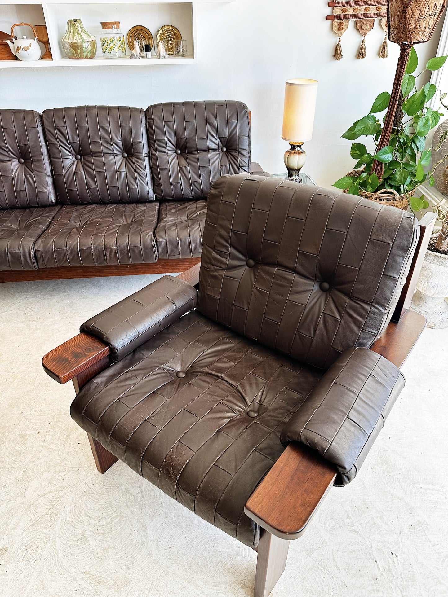 70s Vintage Leather Patchwork Sofa Set / includes 3 Seater Sofa and 2 x Armchairs