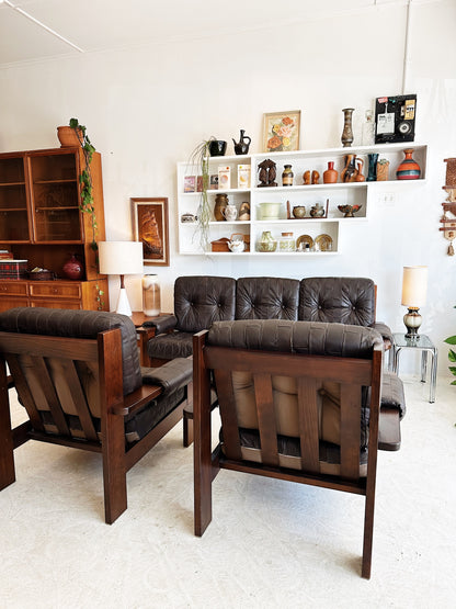 70s Vintage Leather Patchwork Sofa Set / includes 3 Seater Sofa and 2 x Armchairs