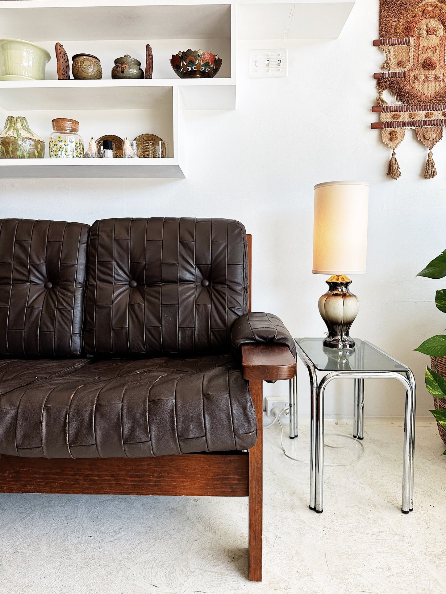 70s Vintage Leather Patchwork Sofa Set / includes 3 Seater Sofa and 2 x Armchairs