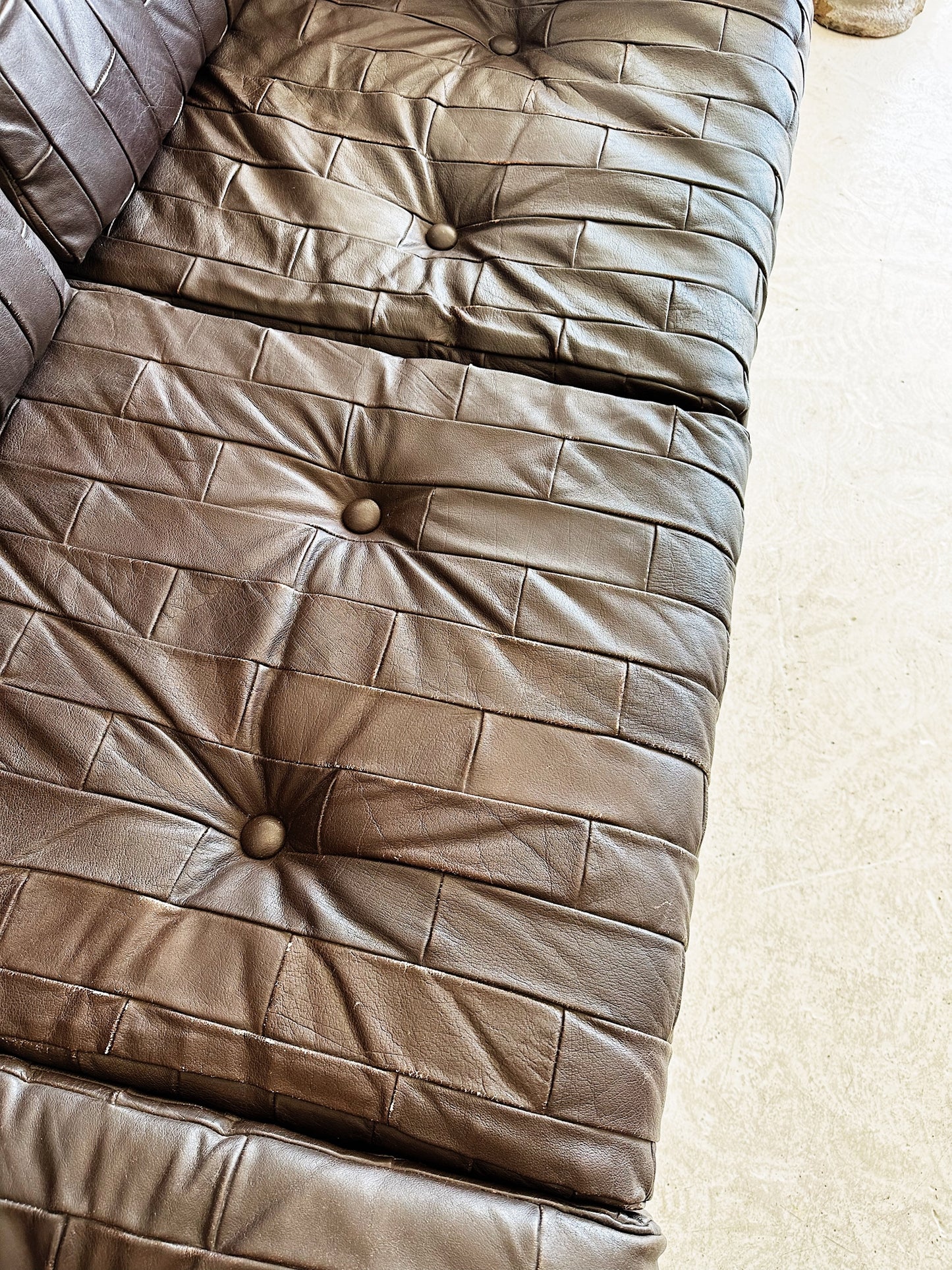 70s Vintage Leather Patchwork Sofa Set / includes 3 Seater Sofa and 2 x Armchairs