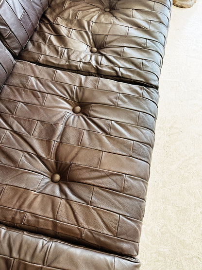 70s Vintage Leather Patchwork Sofa Set / includes 3 Seater Sofa and 2 x Armchairs