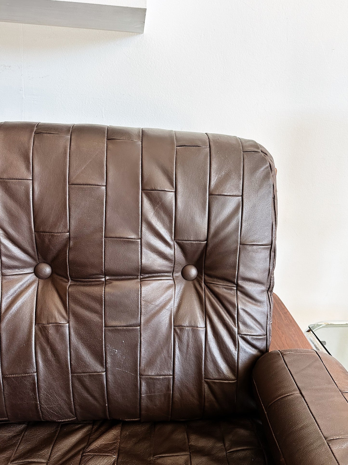 70s Vintage Leather Patchwork Sofa Set / includes 3 Seater Sofa and 2 x Armchairs