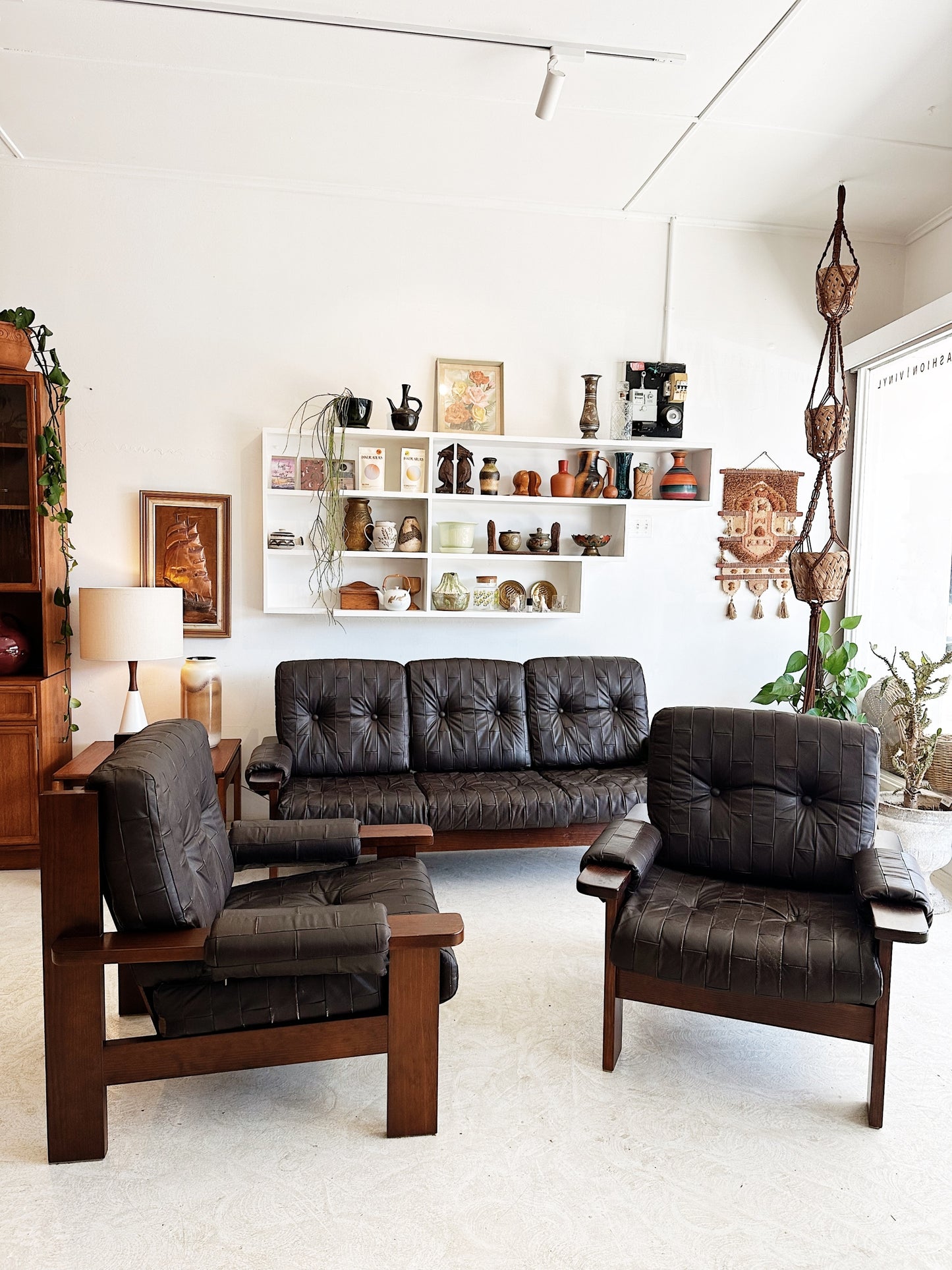 70s Vintage Leather Patchwork Sofa Set / includes 3 Seater Sofa and 2 x Armchairs
