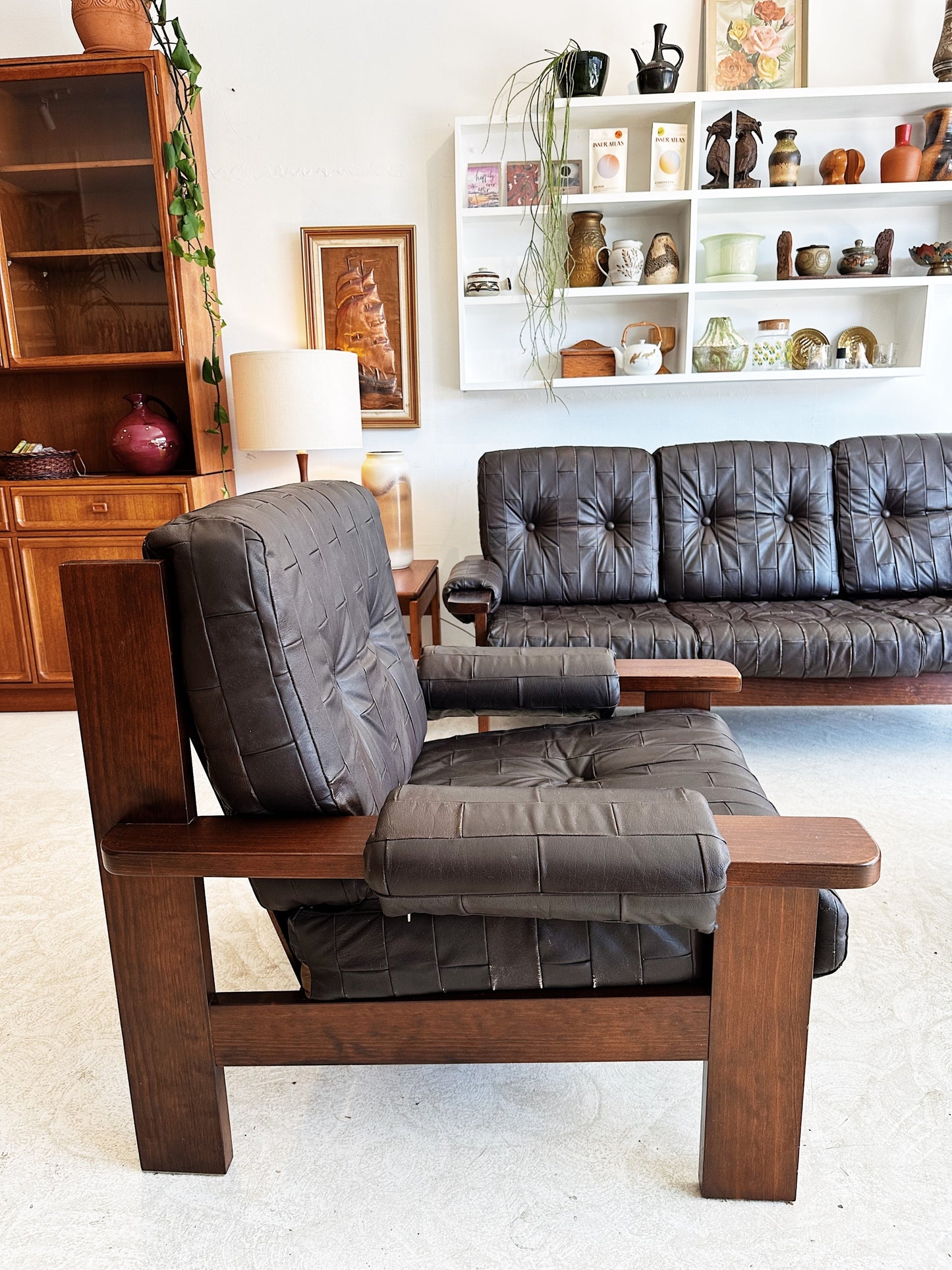 70s Vintage Leather Patchwork Sofa Set / includes 3 Seater Sofa and 2 x Armchairs