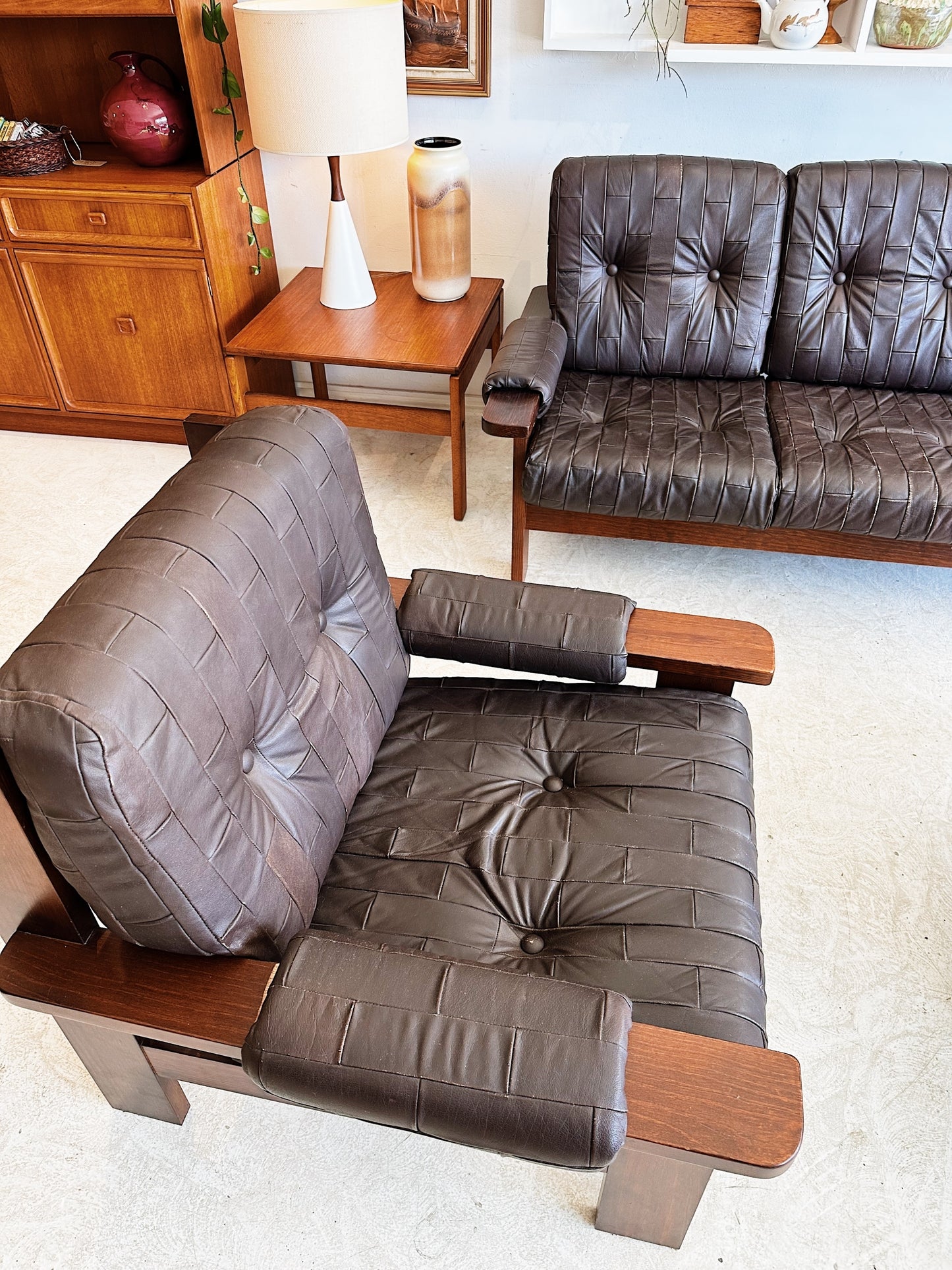 70s Vintage Leather Patchwork Sofa Set / includes 3 Seater Sofa and 2 x Armchairs