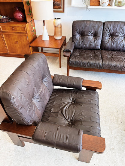 70s Vintage Leather Patchwork Sofa Set / includes 3 Seater Sofa and 2 x Armchairs