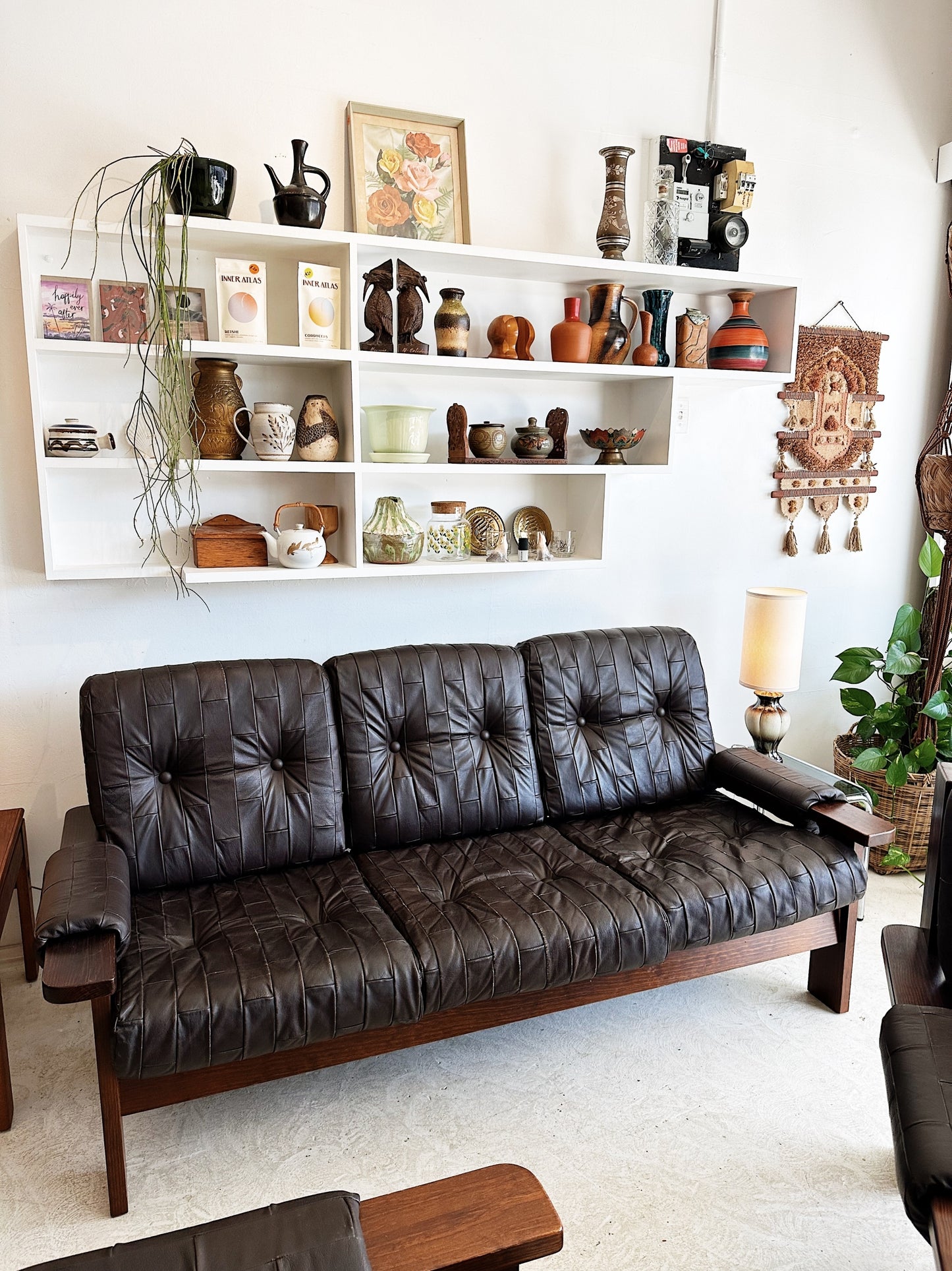70s Vintage Leather Patchwork Sofa Set / includes 3 Seater Sofa and 2 x Armchairs