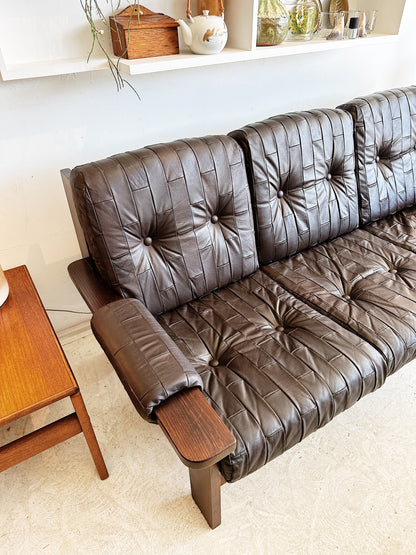 70s Vintage Leather Patchwork Sofa Set / includes 3 Seater Sofa and 2 x Armchairs