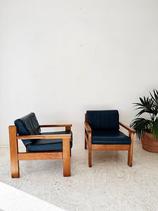 70s Vintage Mid Century Pine Armchairs / Set of 2