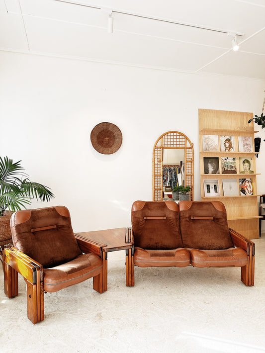 70s Vintage Post & Rail Modular Two Seater Sofa & Armchair with Coffee Table