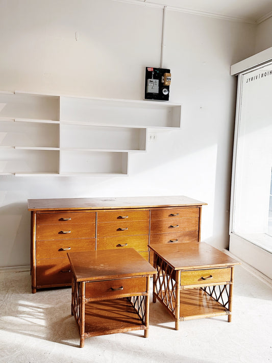 70s Vintage Rattan Chest of Drawers & 2 x Bedside Tables