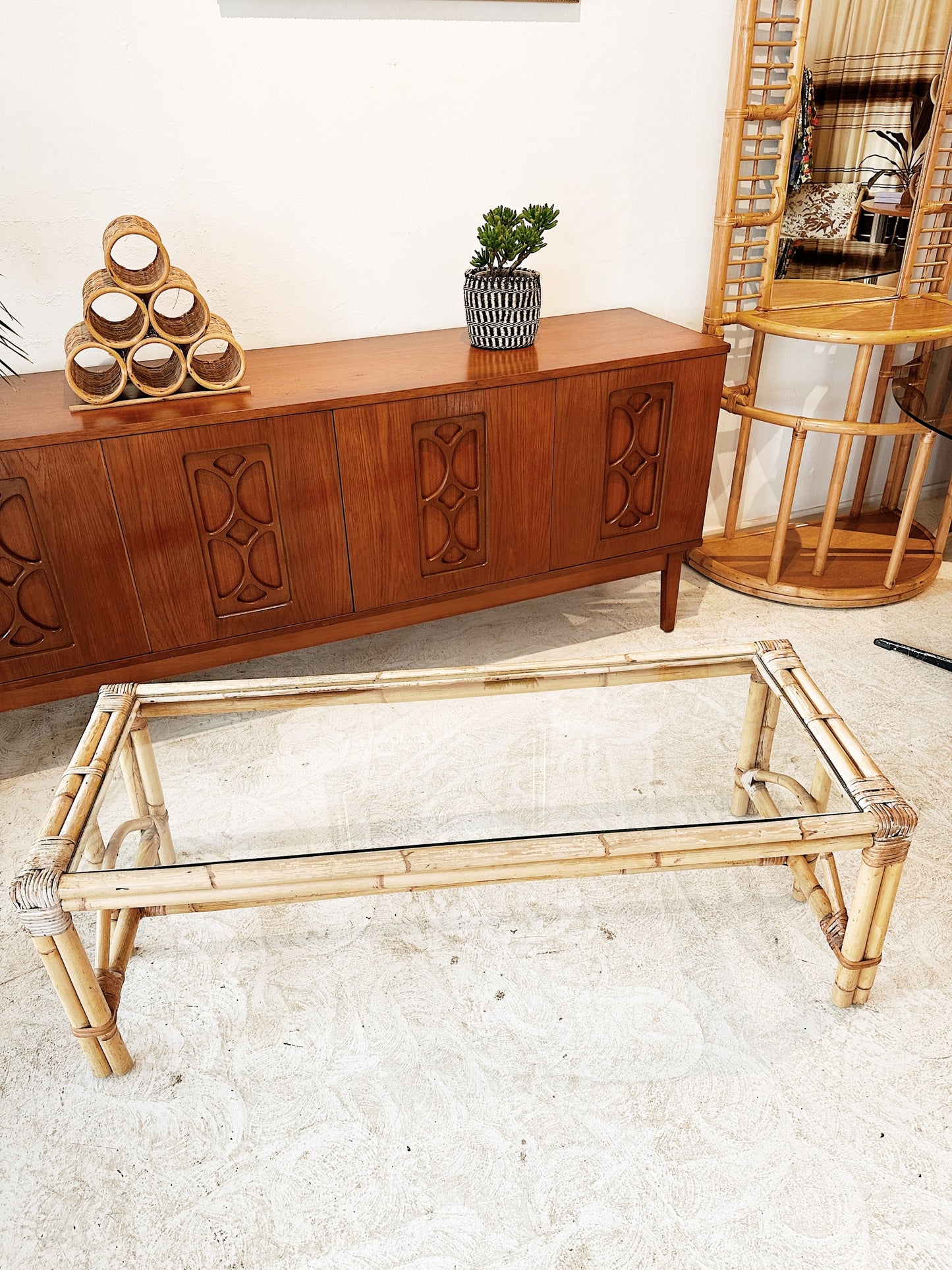 70s Vintage Slimline Rattan Coffee Table