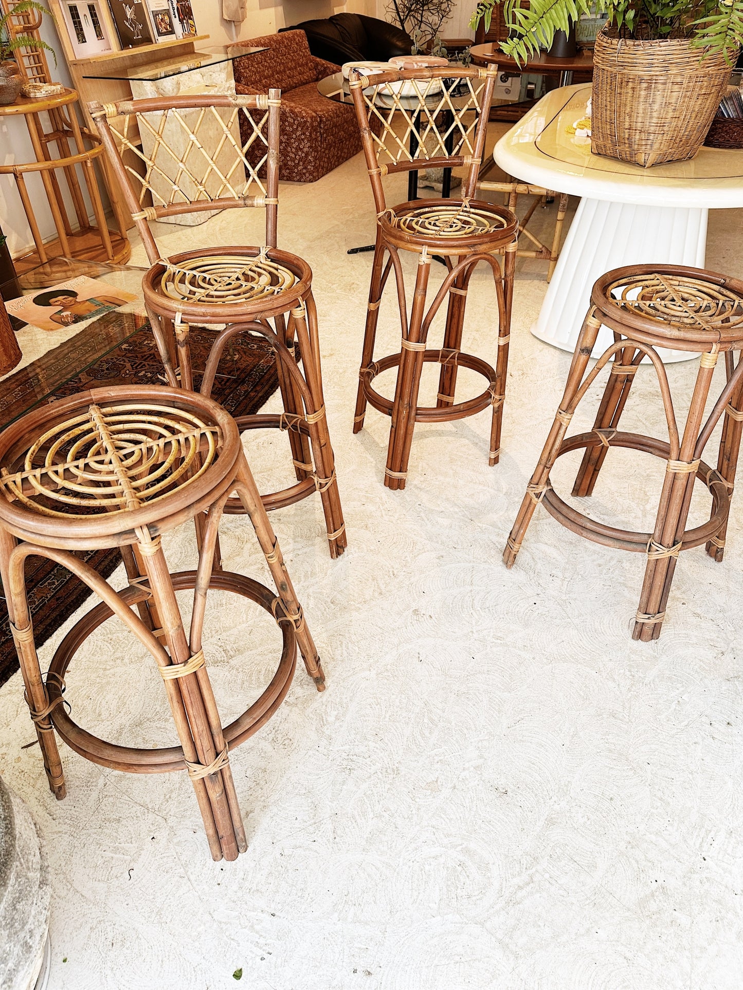 70s Vintage Rattan Tiki Bar Stools