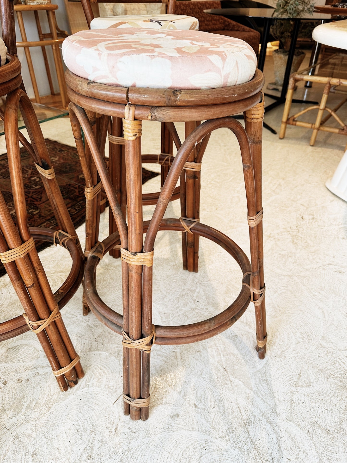 70s Vintage Rattan Tiki Bar Stools