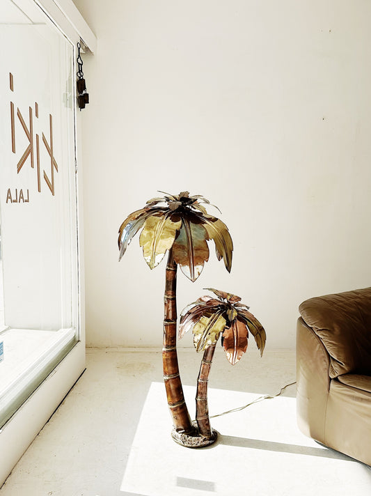 70s Vintage Italian Brass & Copper Palm Tree Floor Lamp