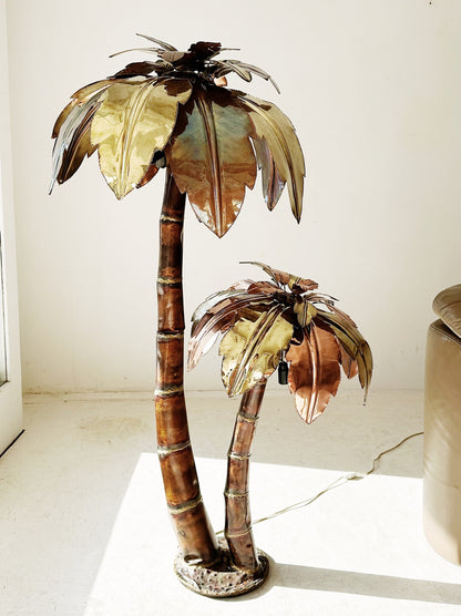 70s Vintage Italian Brass & Copper Palm Tree Floor Lamp