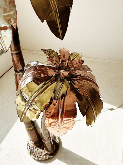 70s Vintage Italian Brass & Copper Palm Tree Floor Lamp