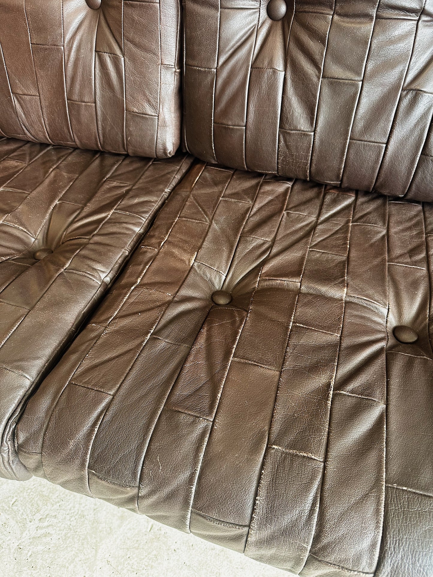 70s Vintage Leather Patchwork Sofa Set / includes 3 Seater Sofa and 2 x Armchairs