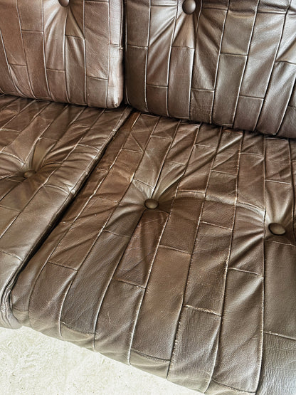 70s Vintage Leather Patchwork Sofa Set / includes 3 Seater Sofa and 2 x Armchairs