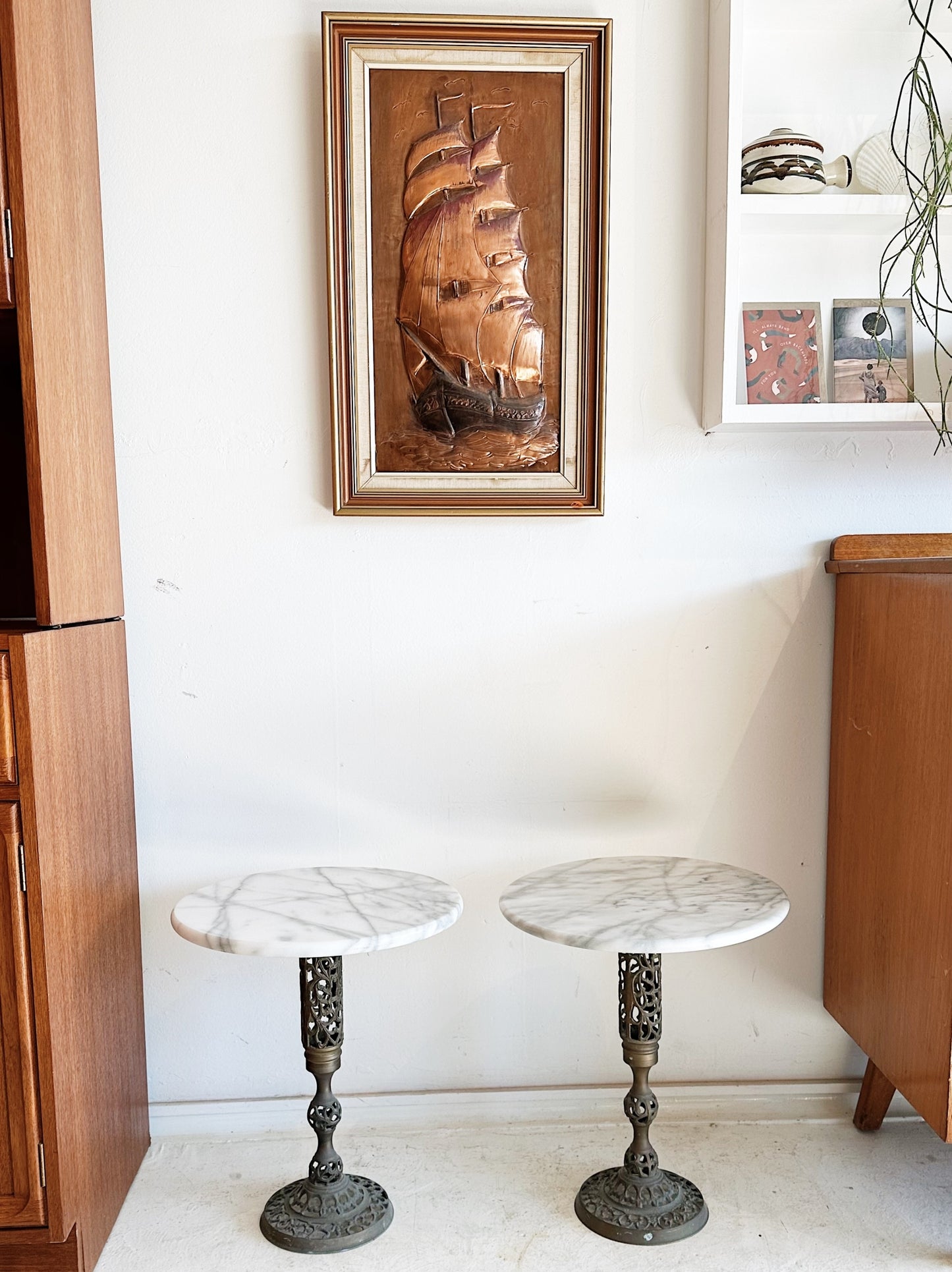80s Vintage Marble & Brass Side Table / 2 Available