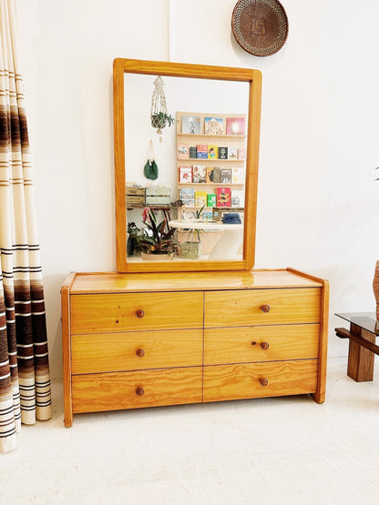 80s Vintage Pine & Rattan Dresser