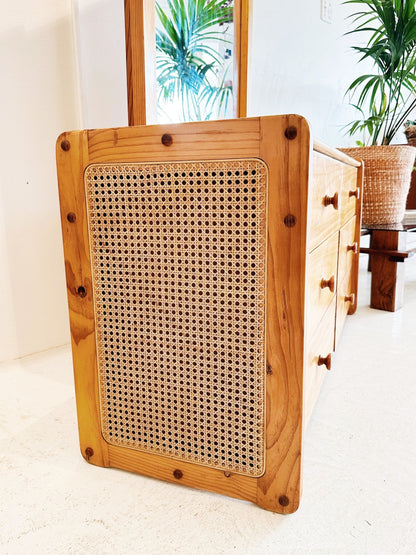 80s Vintage Pine & Rattan Dresser