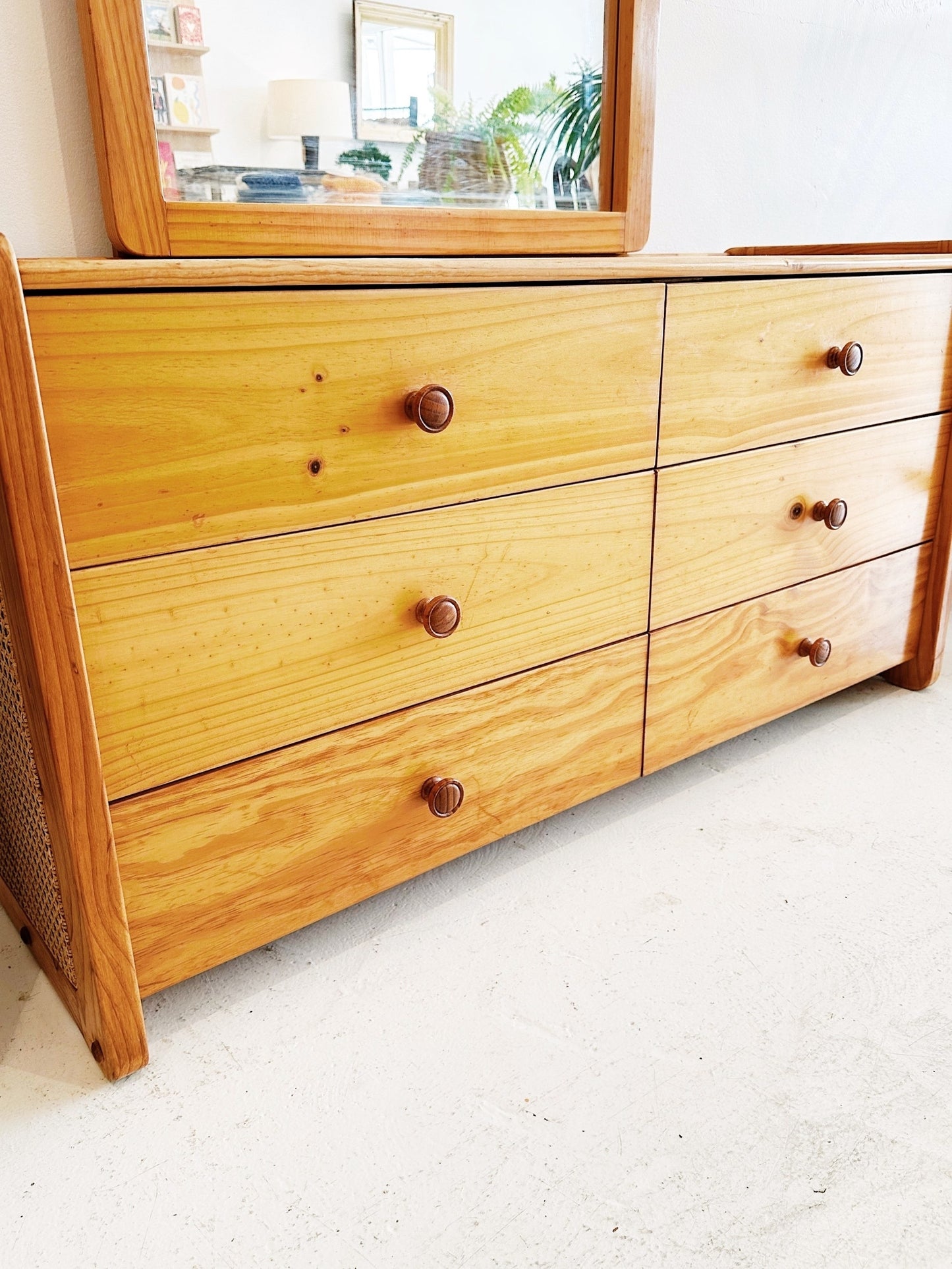 80s Vintage Pine & Rattan Dresser