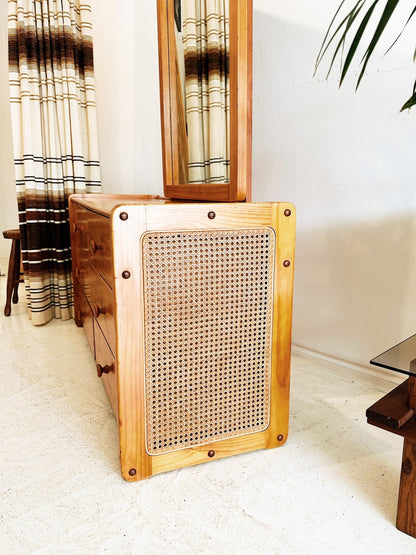 80s Vintage Pine & Rattan Dresser