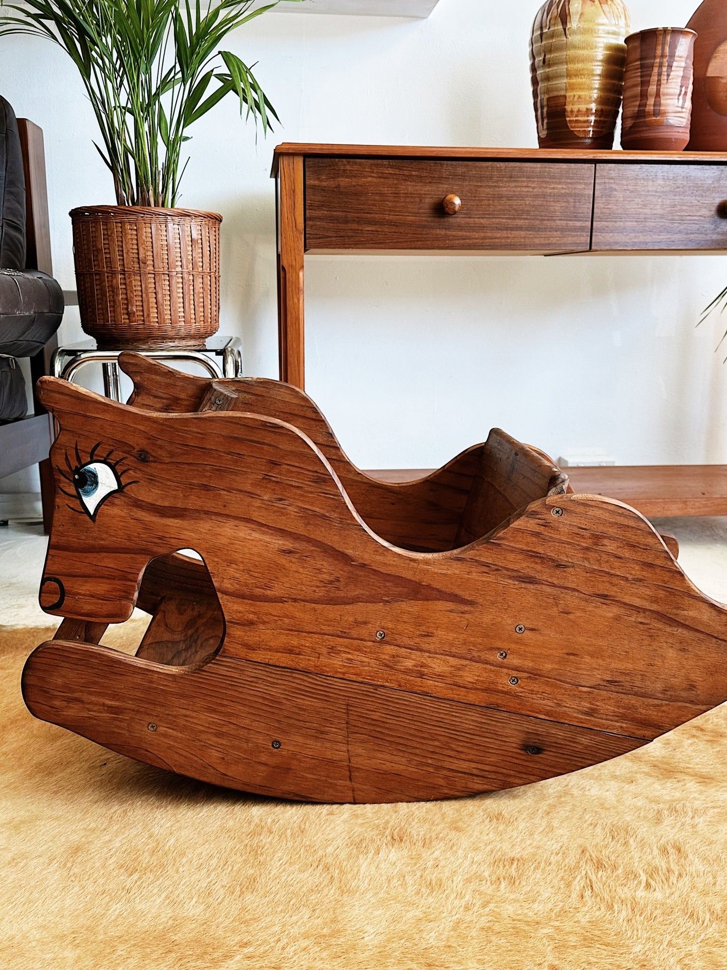 80s Vintage Wooden Rocking Horse