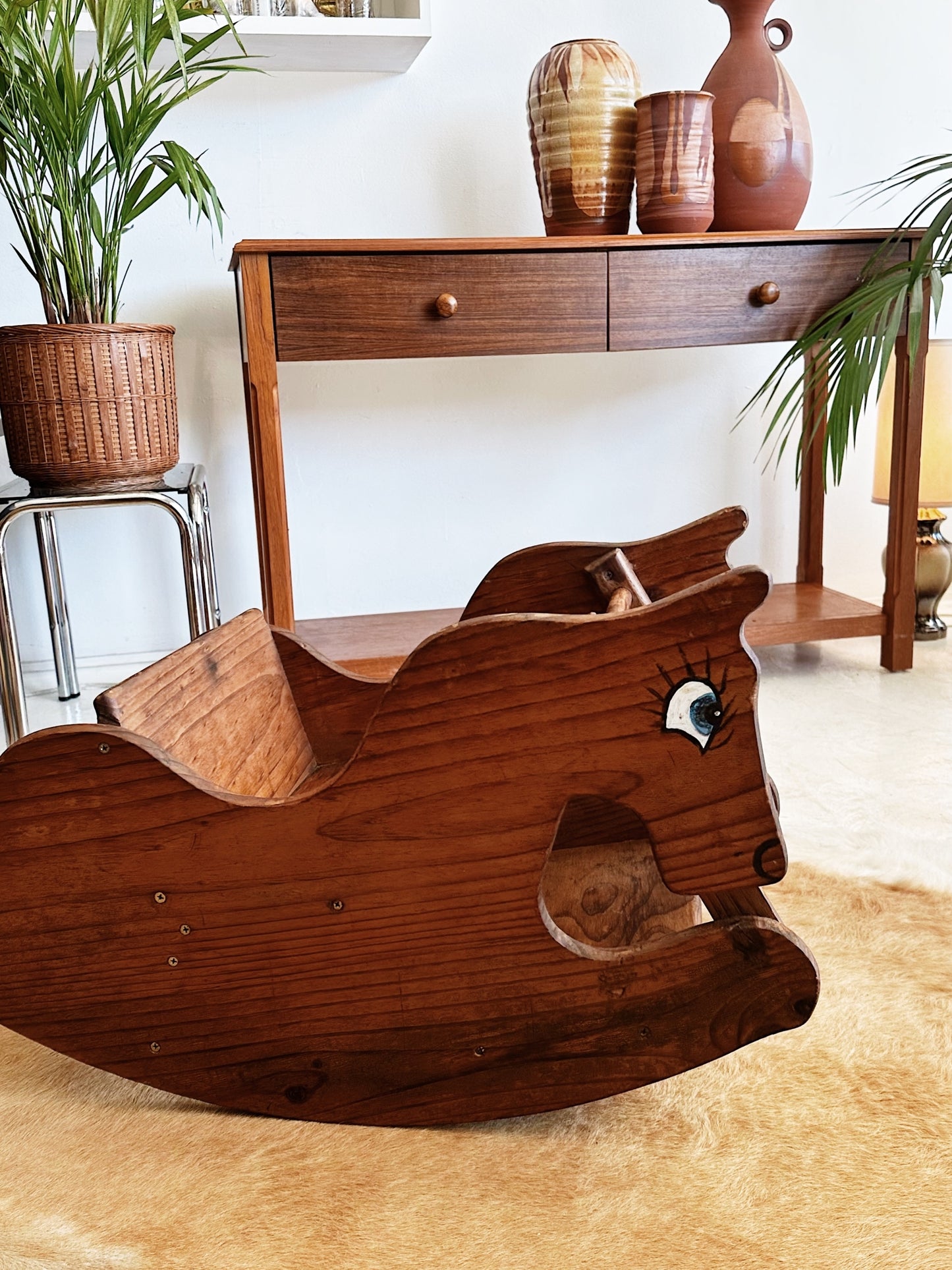 80s Vintage Wooden Rocking Horse