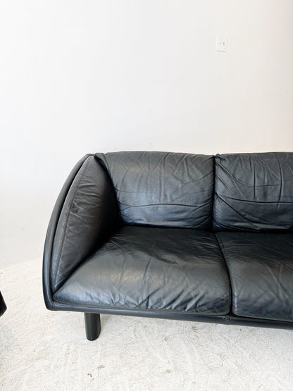 90s Vintage Postmodern Black Leather Tub Sofa Set