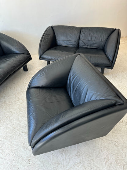 90s Vintage Postmodern Black Leather Tub Sofa Set