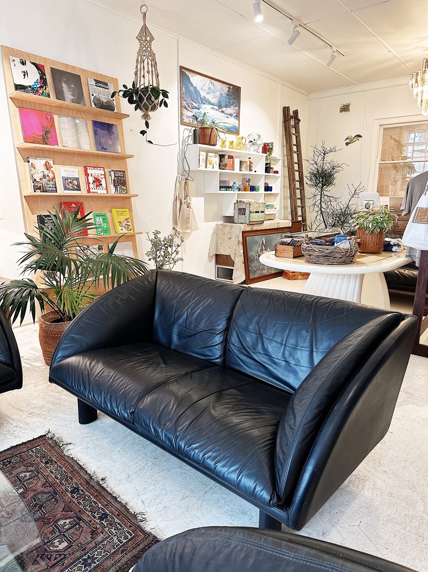 90s Vintage Postmodern Black Leather Tub Sofa Set