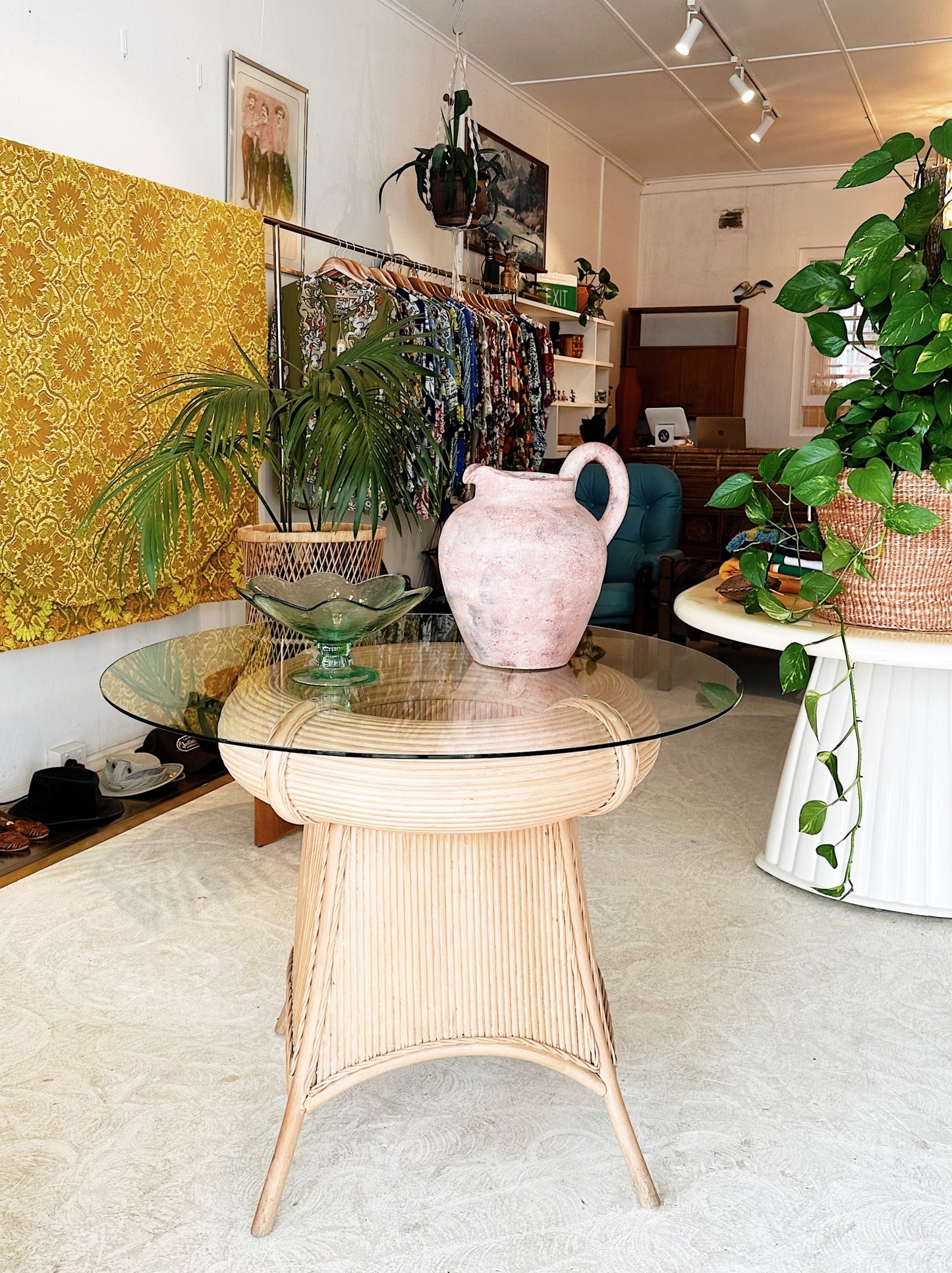 90s Vintage Pencil Reed Rattan Dining / Occassional Table