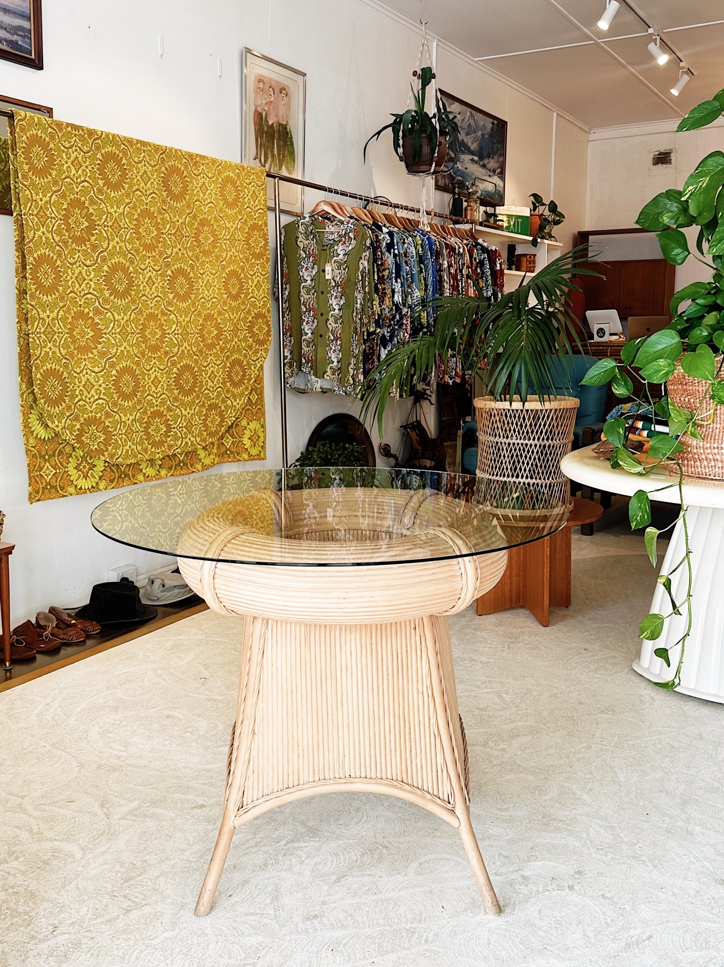 90s Vintage Pencil Reed Rattan Dining / Occassional Table