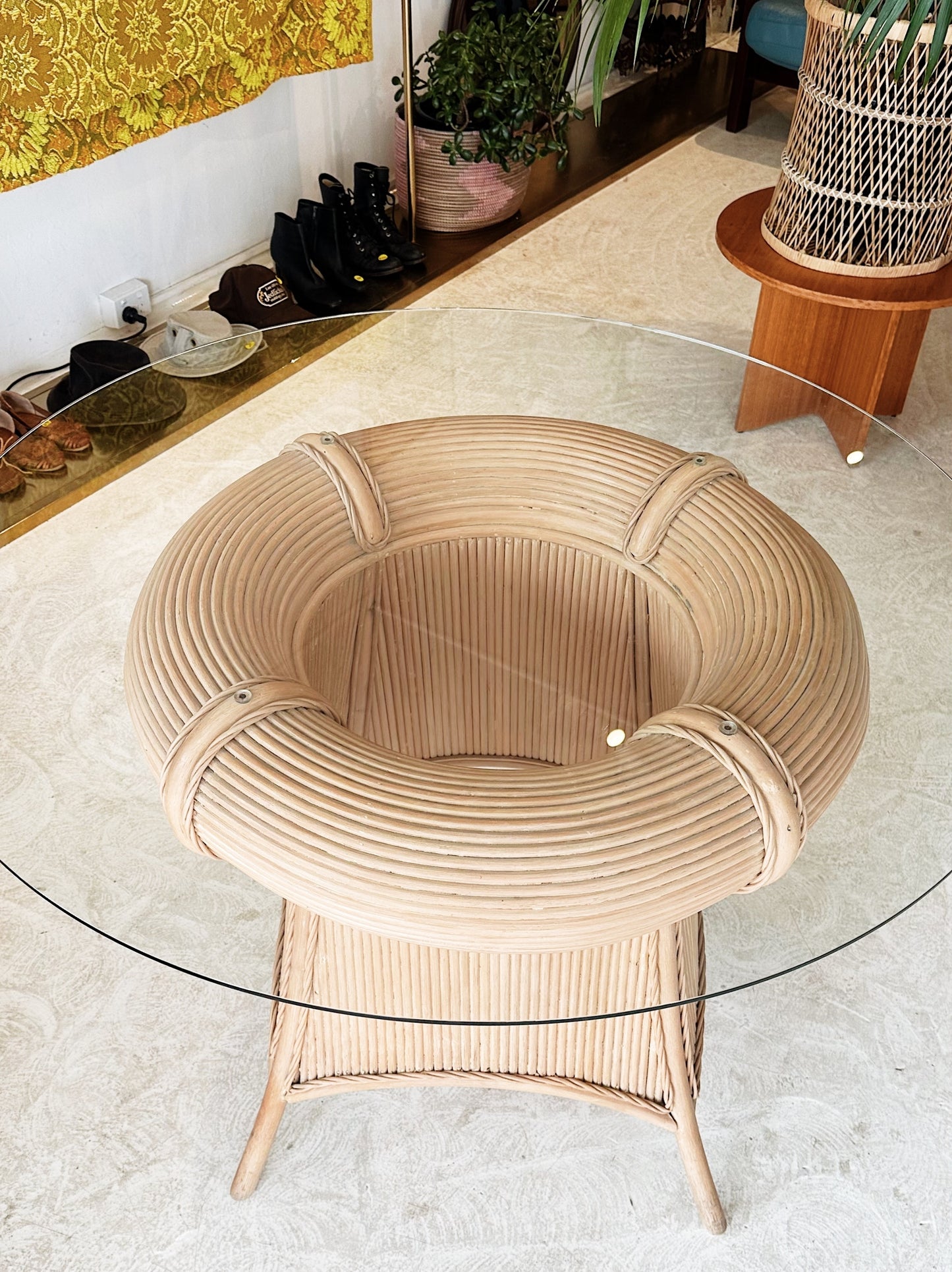90s Vintage Pencil Reed Rattan Dining / Occassional Table