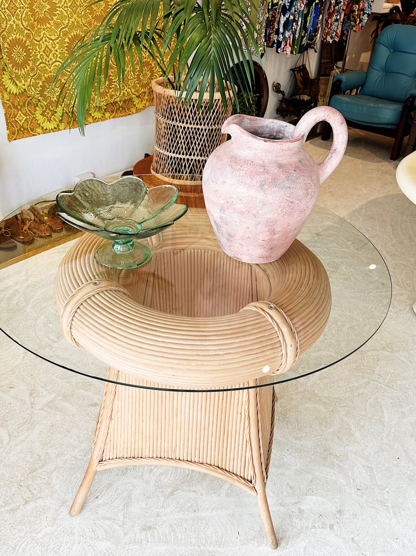 90s Vintage Pencil Reed Rattan Dining / Occassional Table