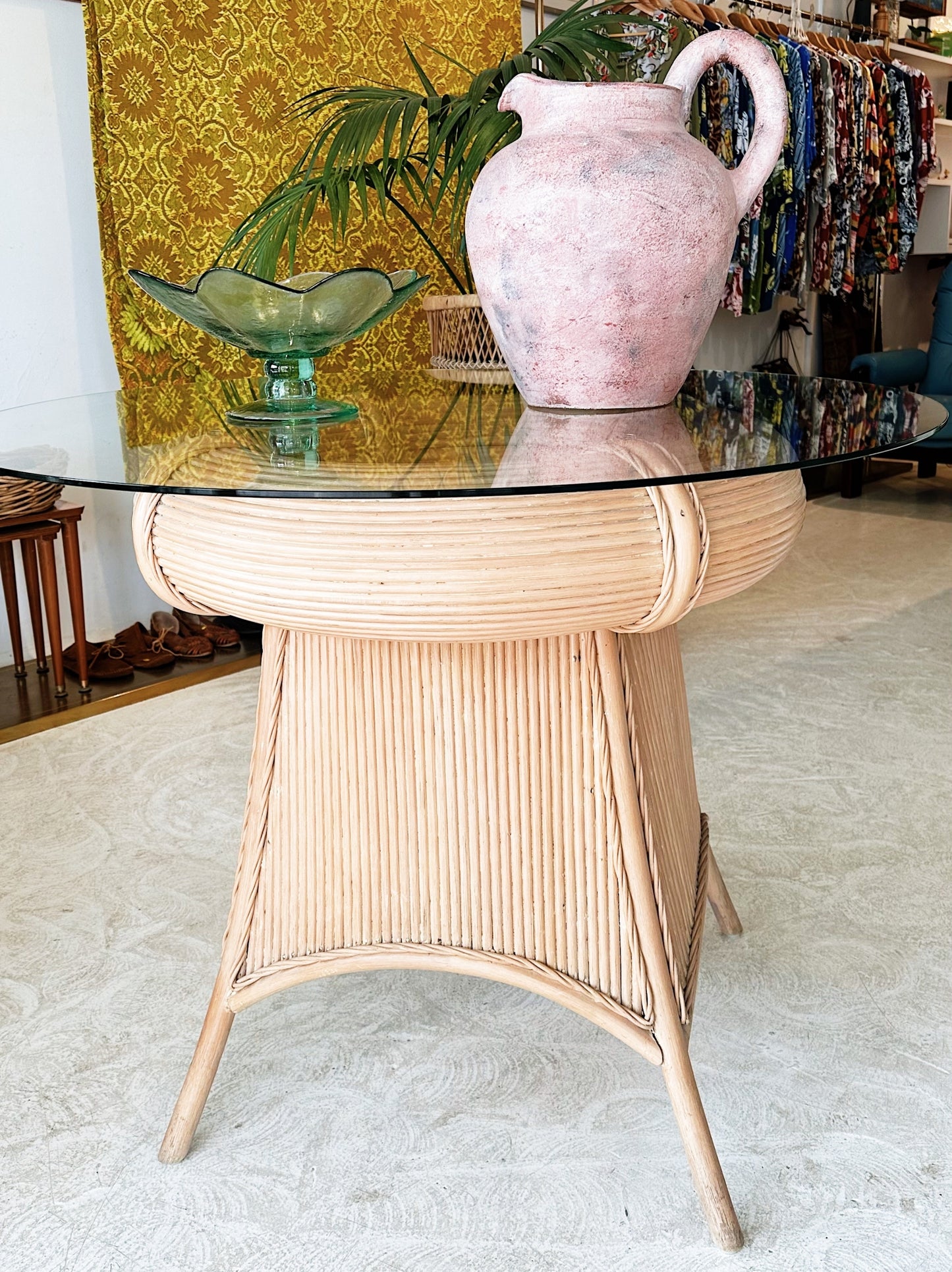 90s Vintage Pencil Reed Rattan Dining / Occassional Table