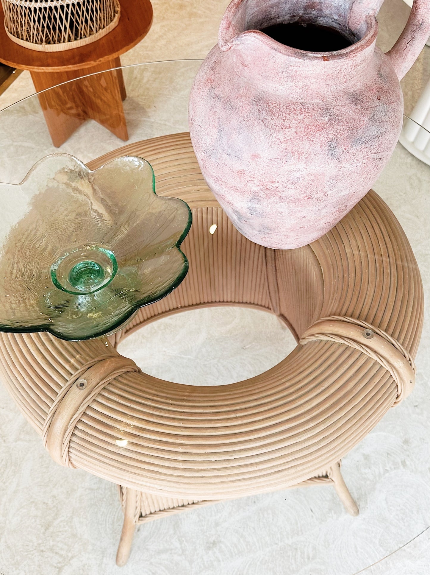 90s Vintage Pencil Reed Rattan Dining / Occassional Table